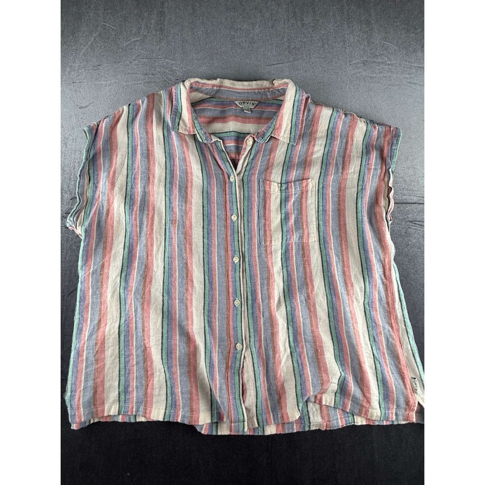 Orvis Classic Collection Womens XL Striped Linen Blend Button Down Shirt Multi